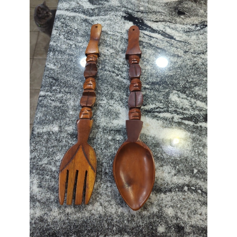 MCM Carved Wooden Fork and Spoon Wall Decor Tiki Totem Carvings Vintage